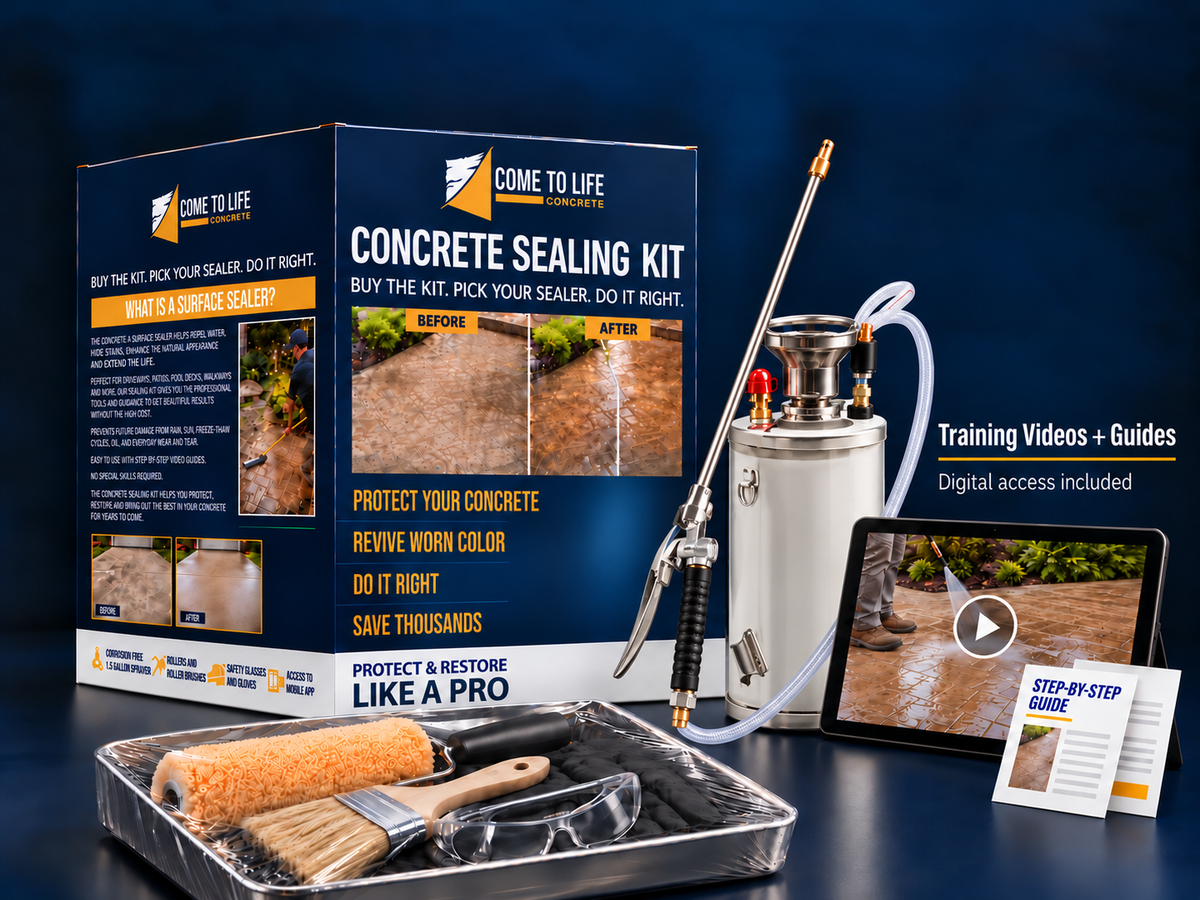 Concrete Sealing Kit box, stainless steel sprayer, roller tray and application tools, with online training videos and guides.