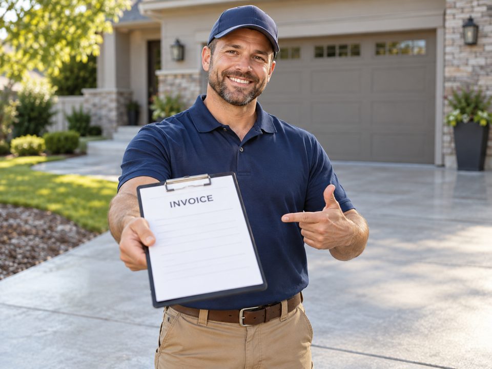 Smiling contractor in a driveway holding out an invoice on a clipboard