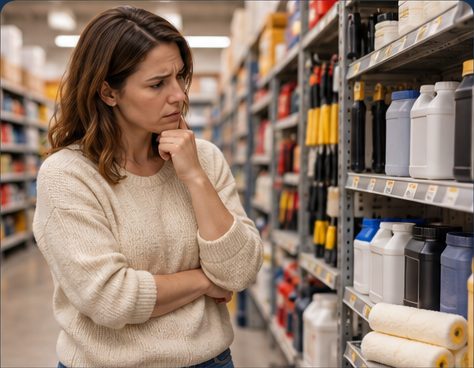 Homeowner considering sealing supplies in a hardware store aisle