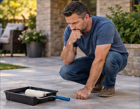 Homeowner pausing beside a roller and tray before starting a concrete sealing project